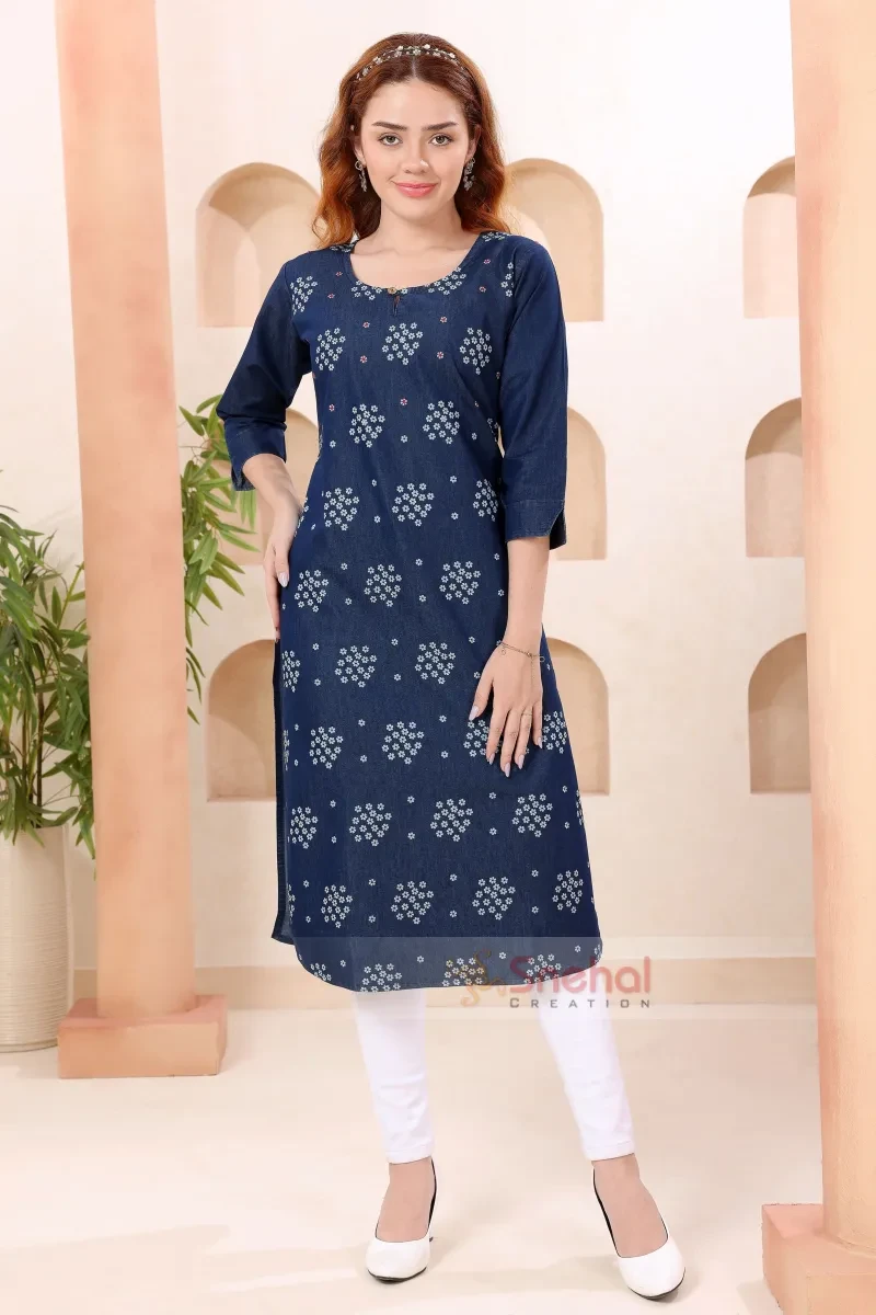 Designer Denim Long Kurti Fashionable Round Neck Denim Kurti With Hand Embroidery